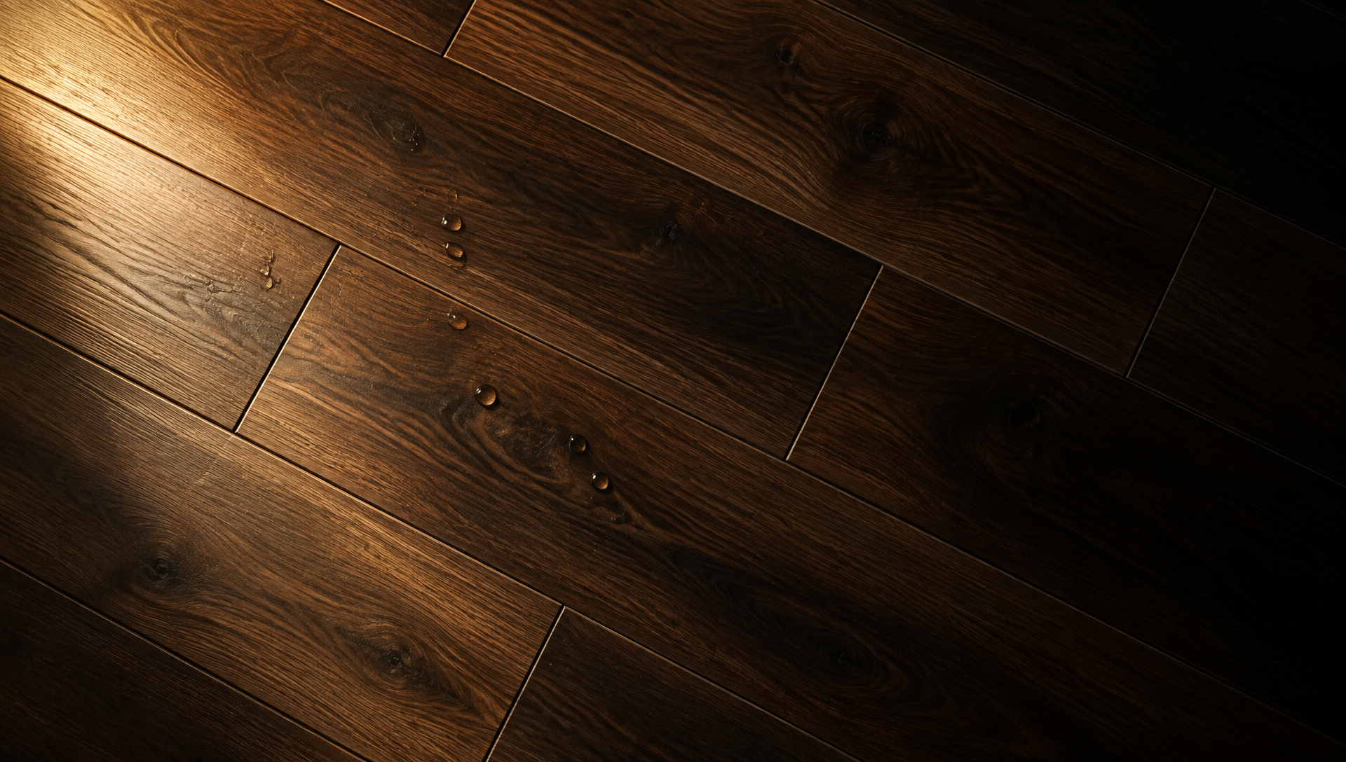 Top view of dark vinyl planks with water beading on the surface